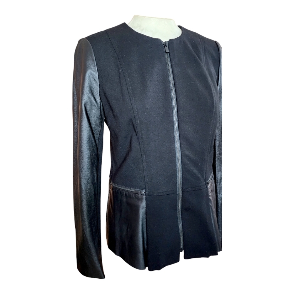 Ecru Faux Leather Detail Ponte Jacket with Zipper Pockets and Wrist Detail – EUC - Picture 6 of 9